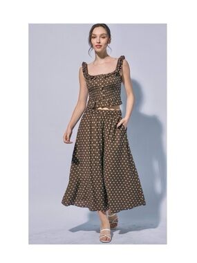 Love Tree Brown Polka Dot Crop Top & Midi Skirt Set